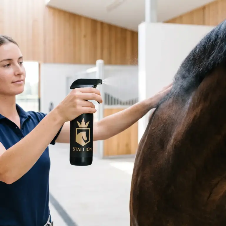 stallion soin toilettage cheval | Carmel Cosmetics Labs Palefrenière vaporisant un soin de toilettage Stallion sur la crinière d'un cheval