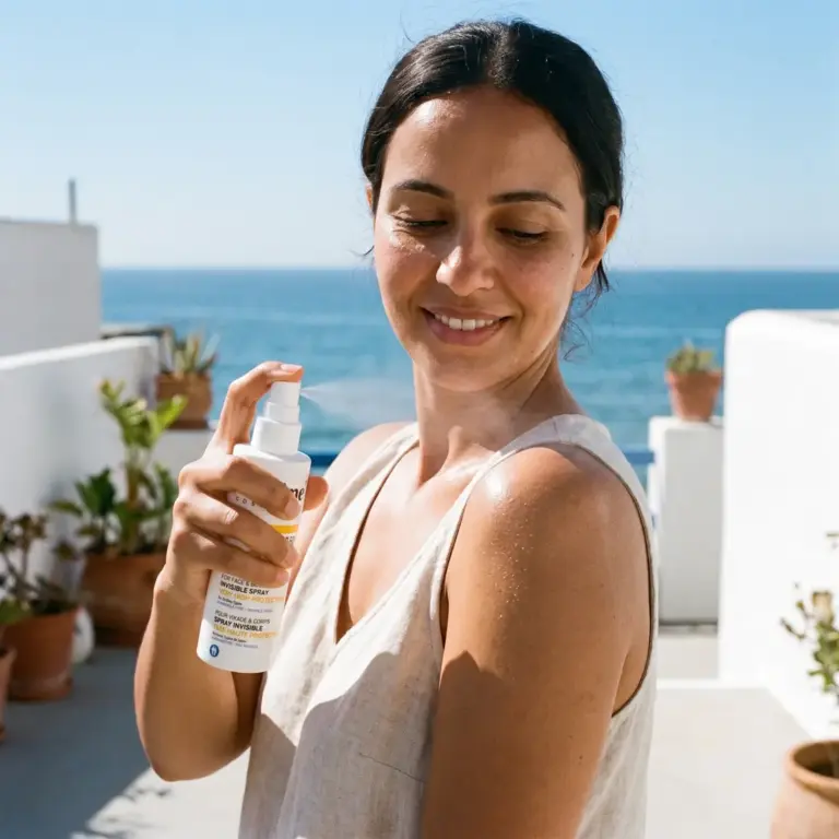 sublime cosmetics spray solaire spf50 | Carmel Cosmetics Labs Femme vaporisant le spray solaire Active UV Shield SPF50+ de Sublime Cosmetics sur son épaule