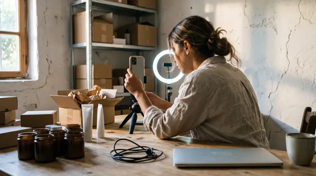 Fondatrice de marque cosmétique préparant un live pour vendre sur TikTok Shop dans son atelier
