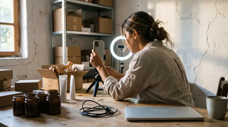 Fondatrice de marque cosmétique préparant un live pour vendre sur TikTok Shop dans son atelier