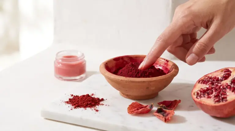 Small clay bowl coated with red aker fassi pigment, dried poppy petals and a finger picking up the color