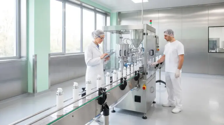 Auditrice qualité contrôlant une ligne de remplissage automatique dans l'usine