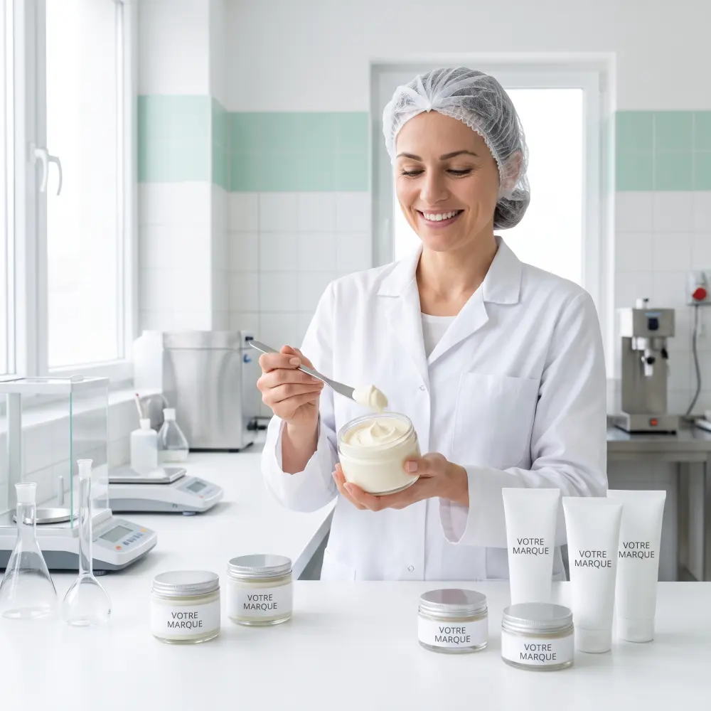 Formulator holding a body butter jar labeled YOUR BRAND in the laboratory