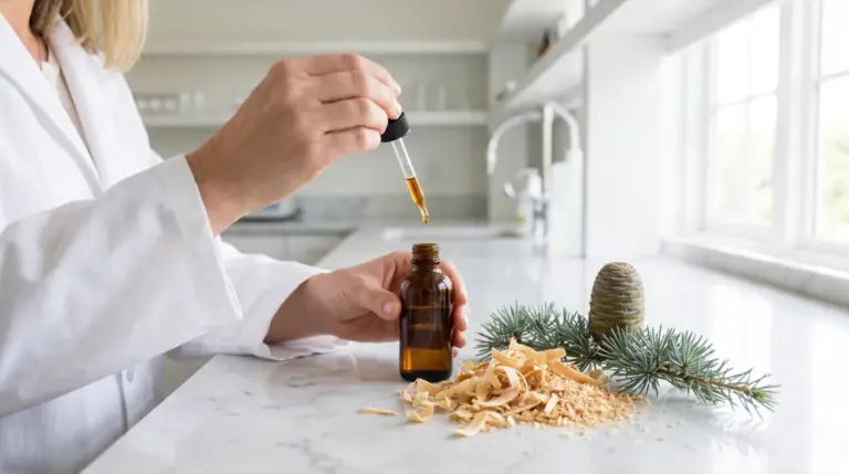 Atlas cedarwood essential oil poured from a dropper, cedarwood chips and a sprig of blue-green needles in the lab