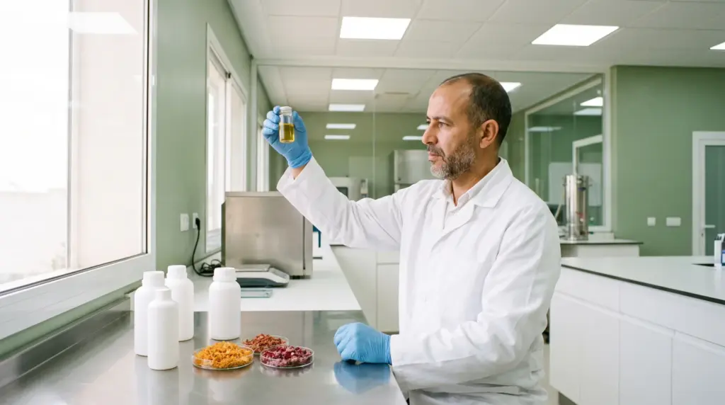 Un scientifique du contrôle qualité examine un flacon d'huile de figue de barbarie à la lumière du jour