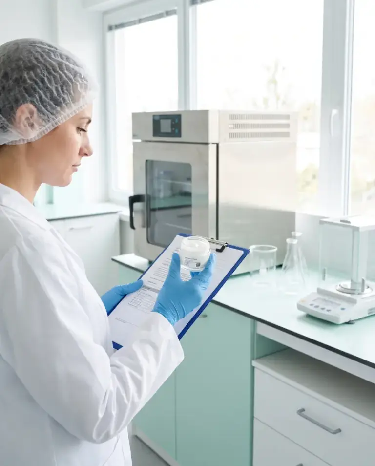 Analyste qualité vérifiant un échantillon de crème et son dossier de lot dans le laboratoire de contrôle