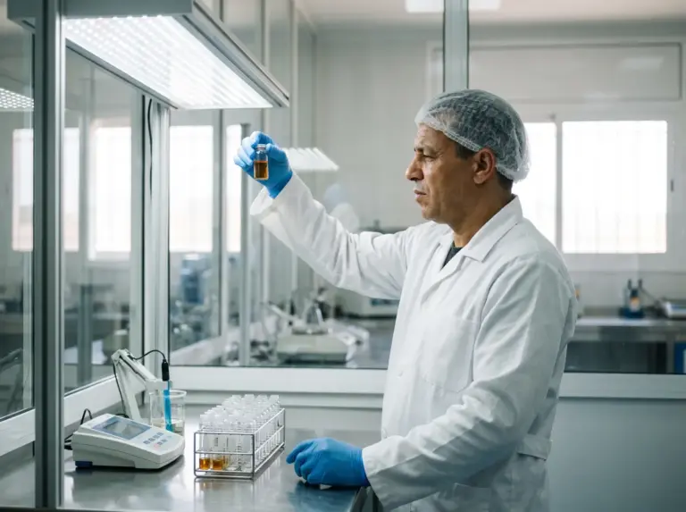 Technicien contrôle qualité vérifiant un échantillon de sérum au laboratoire