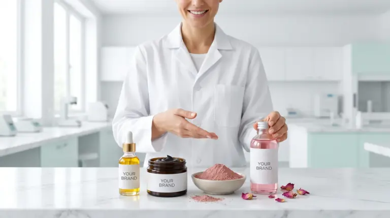 Carmel product specialist presenting Moroccan argan oil, black soap and rhassoul clay products for a private label brand