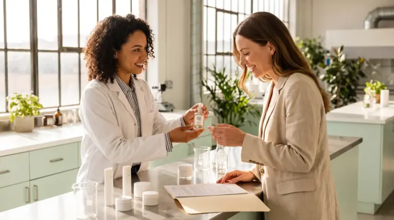 Carmel formulator handing a finished labelled serum bottle to a European brand founder in the bright Carmel laboratory