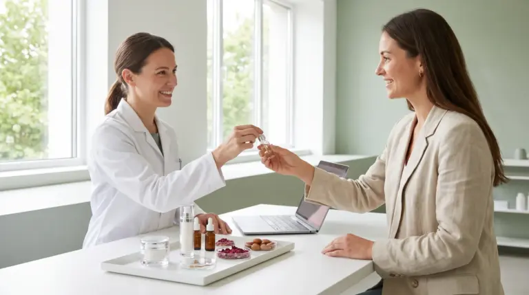Carmel product specialist presenting unbranded skincare samples to a UK brand founder in a bright laboratory