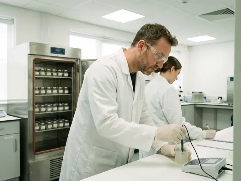 Carmel quality control technician measuring the pH of a cream sample next to the stability chamber