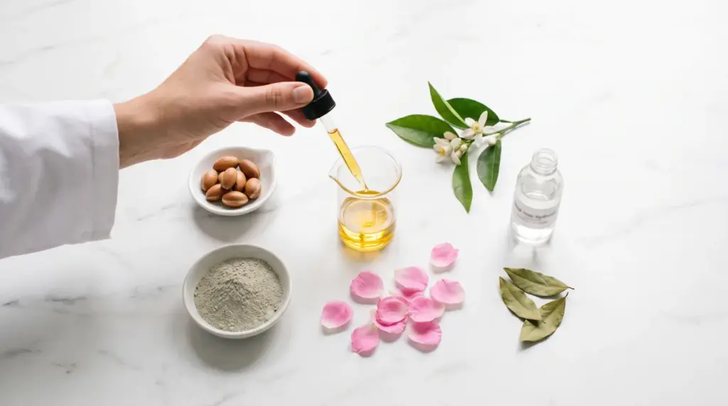 Vue de dessus des actifs d'une cosmétique naturelle marocaine : une main dépose une pipette d'huile d'argan dans un bécher, entourée d'amandons d'argan, de rhassoul, de pétales de rose, de fleur d'oranger et d'eau de rose