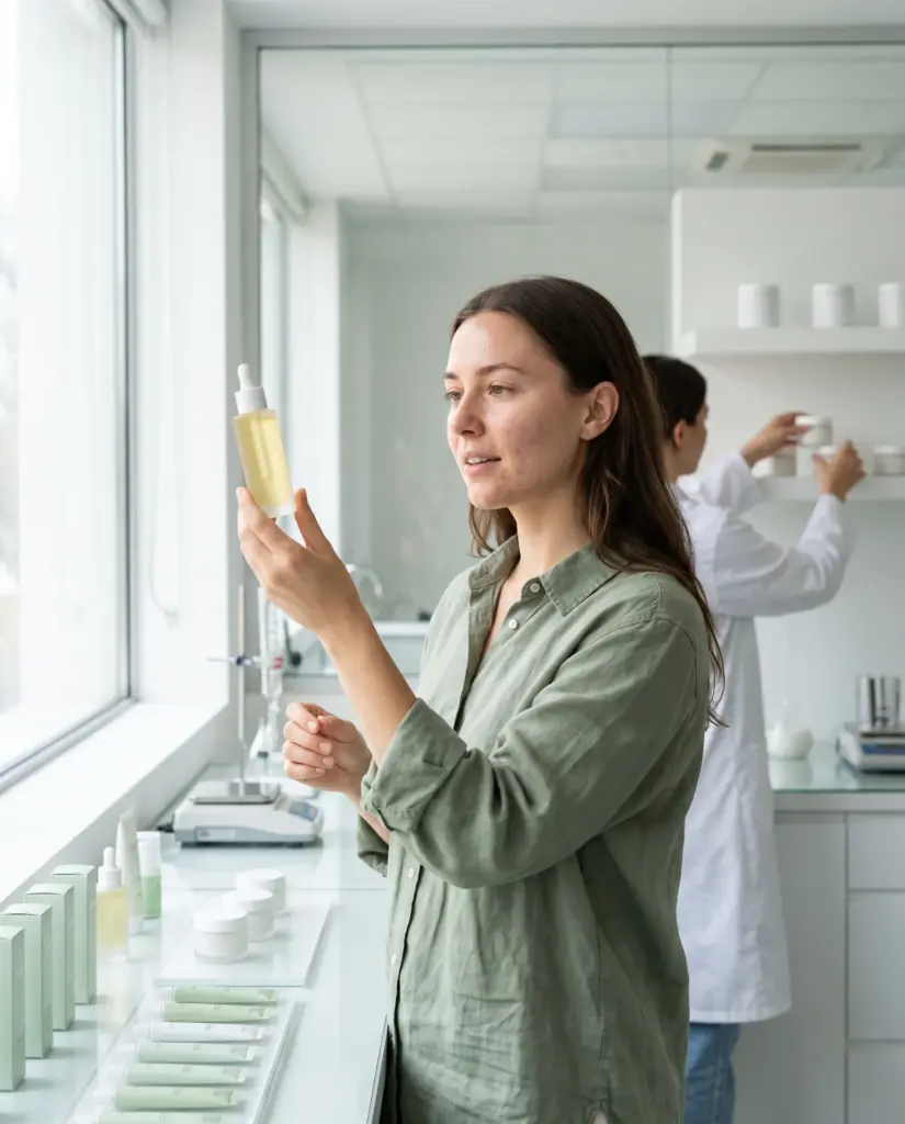 Une créatrice de marque examine un flacon de sérum dans le laboratoire Carmel