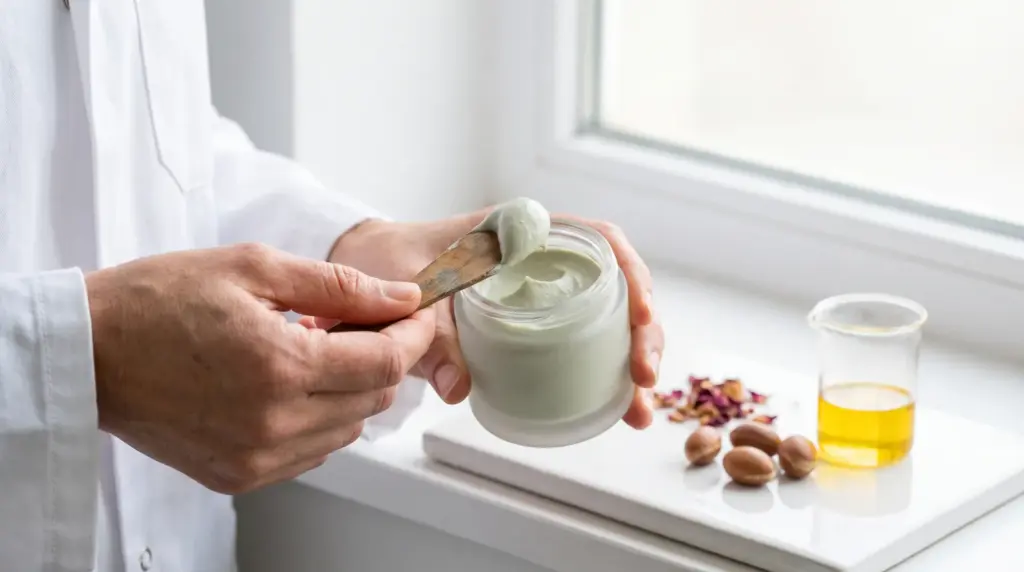Les mains d'un formulateur prélèvent à la spatule une crème au rhassoul et à l'argan dans un pot en verre dépoli, près de pétales de rose et d'amandons d'argan