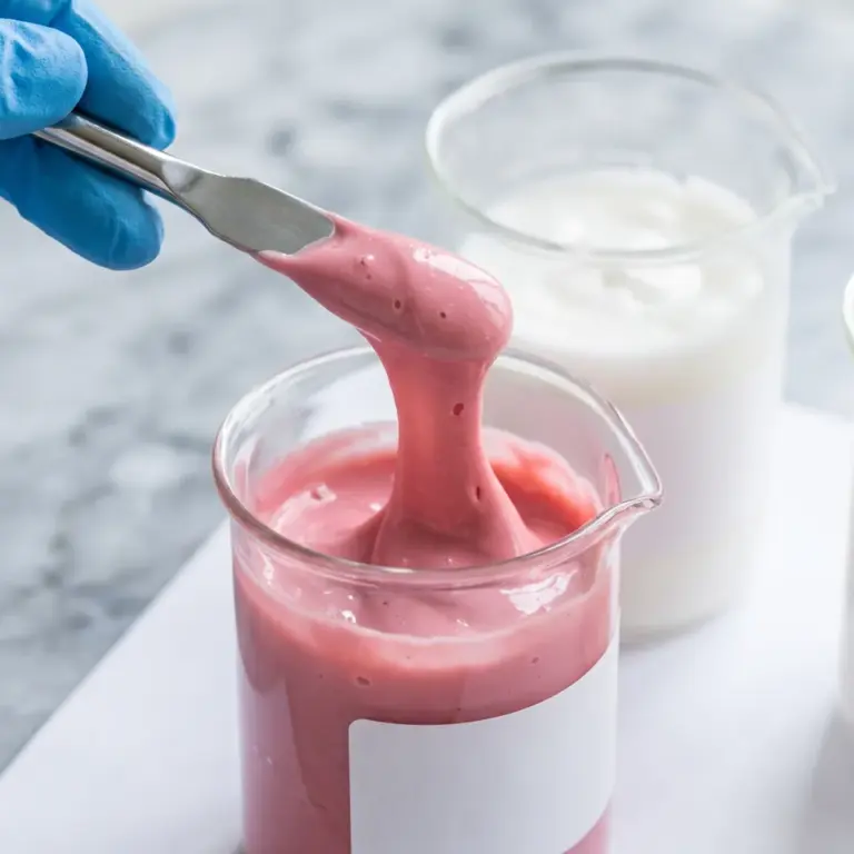 A formulator lifts a ribbon of pink cream from a beaker in the Carmel formulation lab