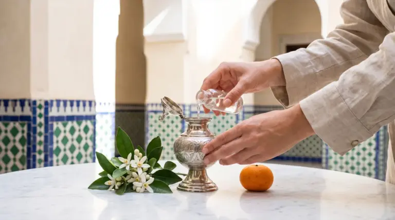 Eau de fleur d'oranger versée d'un flacon en verre, fleurs de bigaradier fraîches sur un plan de travail de laboratoire