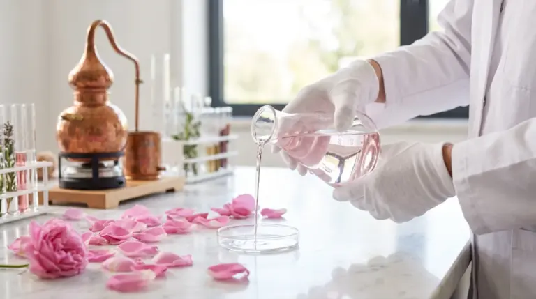 Eau de rose versée d'un flacon en verre dans une coupelle, pétales de rose de Damas au laboratoire