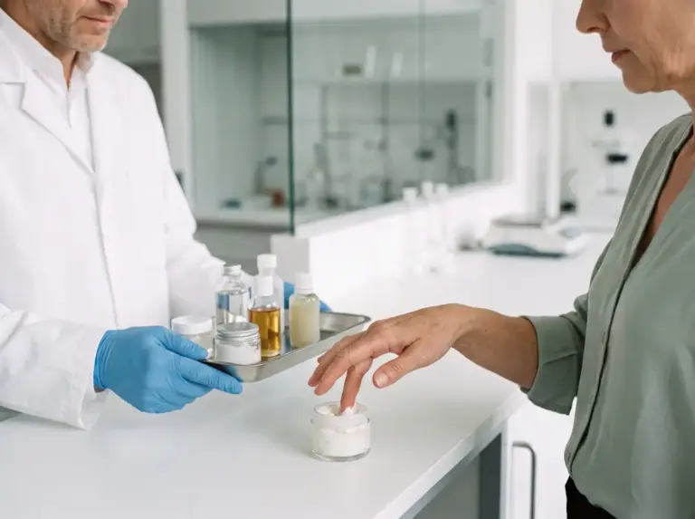 Une fondatrice teste la texture d'une crème sur son poignet pendant qu'un formulateur lui présente des échantillons