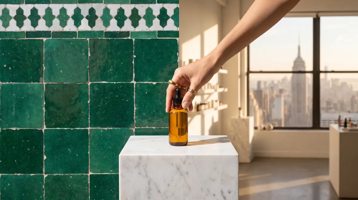 Flacon d'huile d'argan posé sur un socle en marbre entre un mur de zellige marocain et une boutique beauté new-yorkaise : export cosmétique Maroc USA