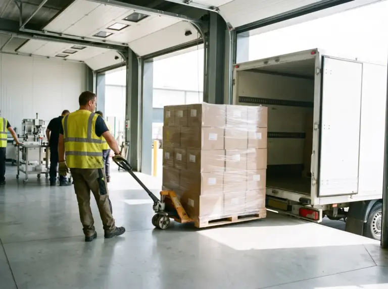 Palette de cartons d'export chargée dans un camion au quai de l'usine