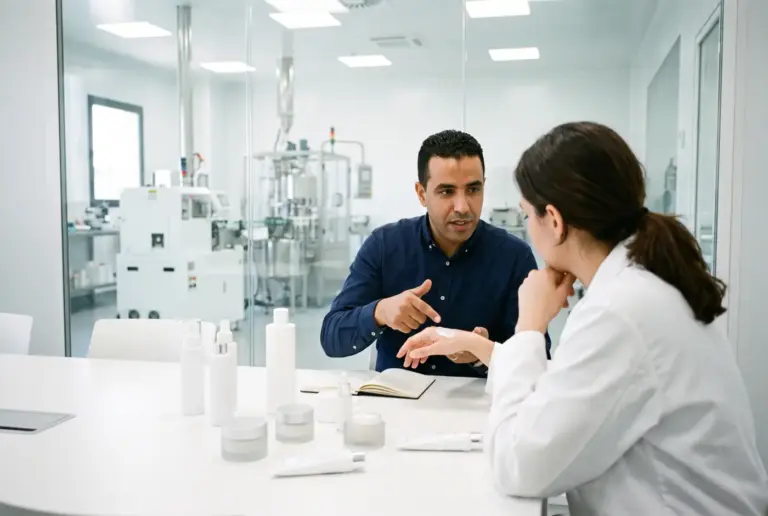 Fundador de marca y formuladora de Carmel Cosmetics Labs comparando texturas de crema frente al taller de producción