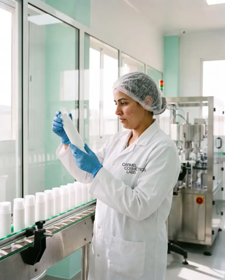 Ingeniera de producción de Carmel Cosmetics Labs, fabricante de cosméticos en Marruecos, controlando un frasco airless a la salida de la línea de llenado
