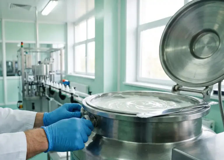 Técnico de la fábrica de Carmel Cosmetics Labs ajustando un tanque de acero inoxidable de homogeneización al vacío durante la emulsión de una crema