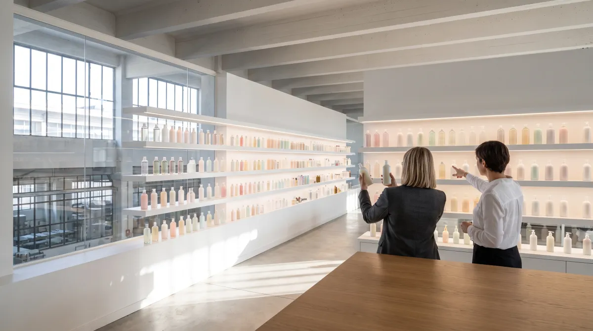 Acheteuse et chargée de compte dans un showroom de flacons MDD cosmétiques sans marque