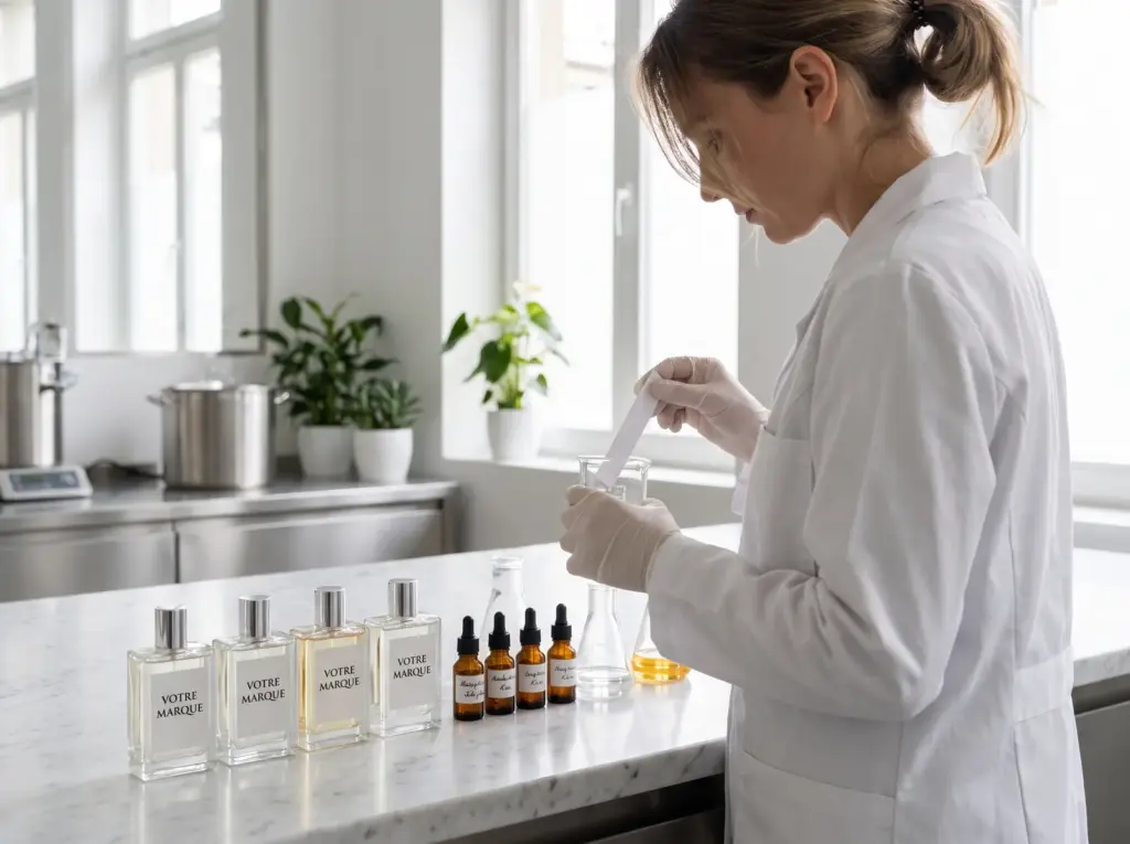 Experta en formulación evaluando una fragancia en una tira olfativa frente a frascos de perfume con su marca