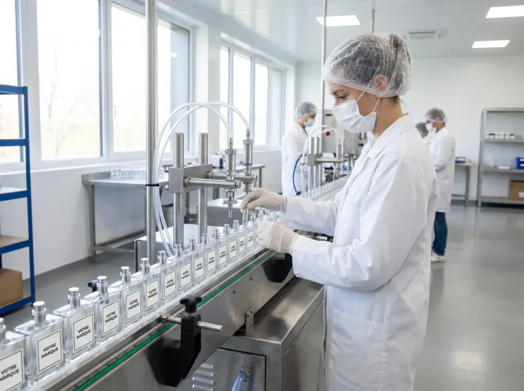 Técnica engastando las bombas de frascos de perfume con su marca en la línea de llenado