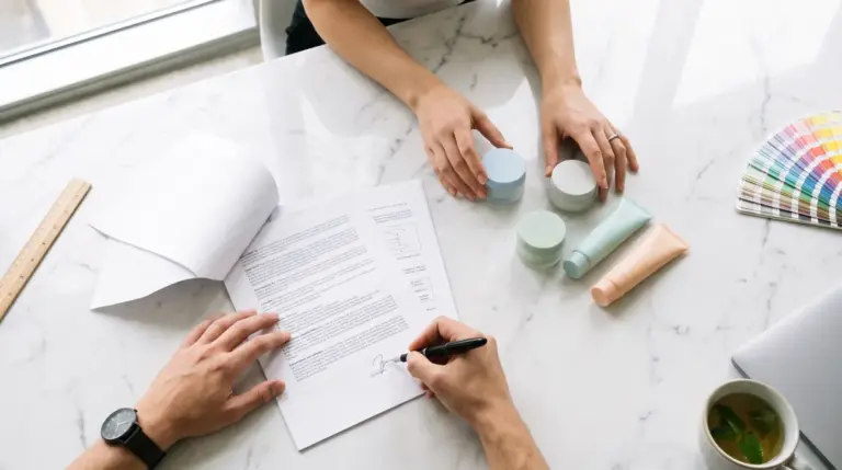 Signature d'un contrat de fabrication avec un façonnier cosmétique, échantillons de soins sur la table