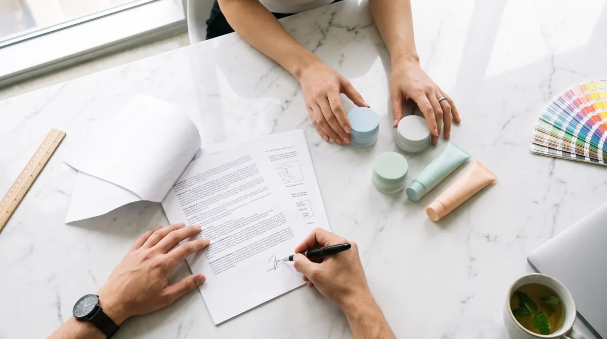 Signature d'un contrat de fabrication avec un façonnier cosmétique, échantillons de soins sur la table