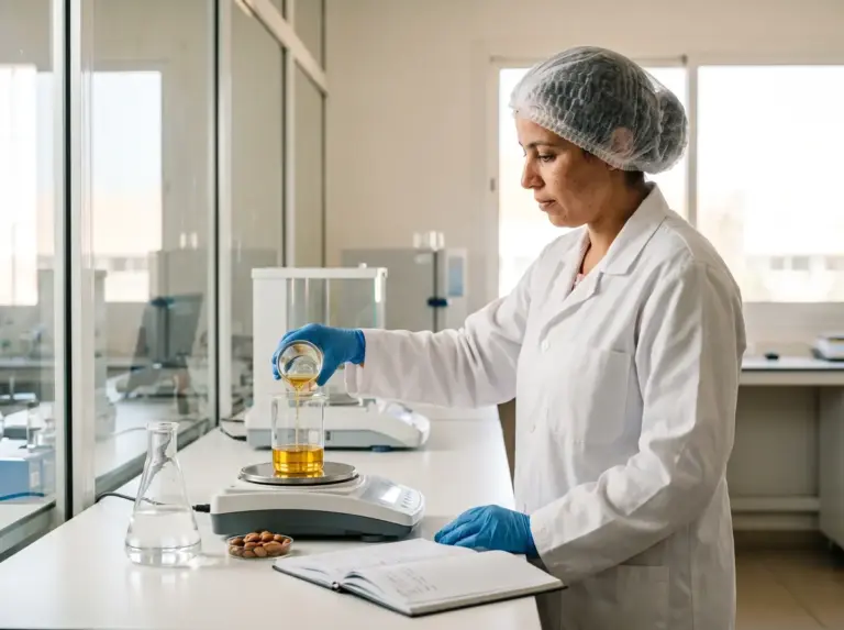 Formulator pouring argan oil into a beaker at the Carmel Cosmetics Labs laboratory