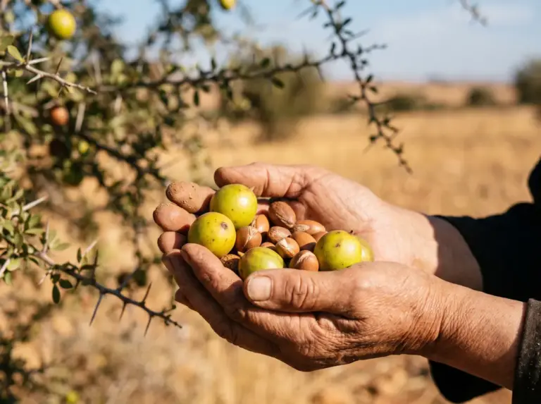 Mains tenant des fruits d'argan devant un arganier dans le Souss