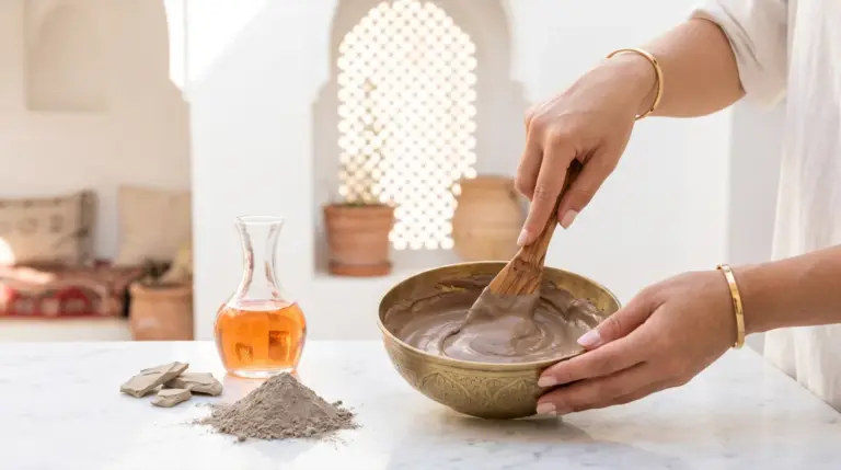 Ghassoul en poudre et en pâte dans une tassa de hammam, plaquettes d'argile brute et mains qui mélangent