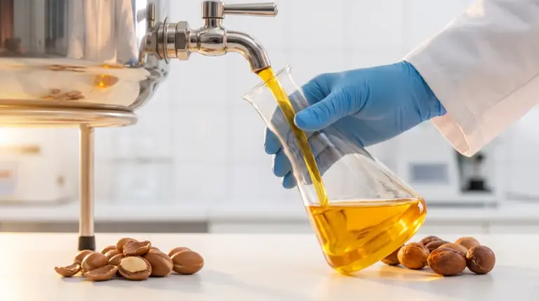 Huile d'argan en gros versée d'une cuve inox dans un erlenmeyer, avec des noix d'argan