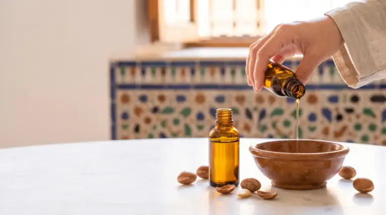 Huile d'argan versée dans un bol, noix d'argan et zellige marocain