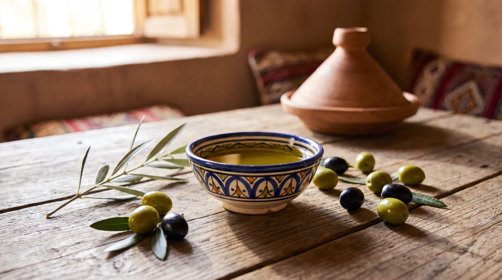 Huile d'olive vert doré dans un bol en céramique marocaine, entourée d'olives vertes et noires et d'un rameau d'olivier, l'ingrédient des soins à l'huile d'olive cheveux