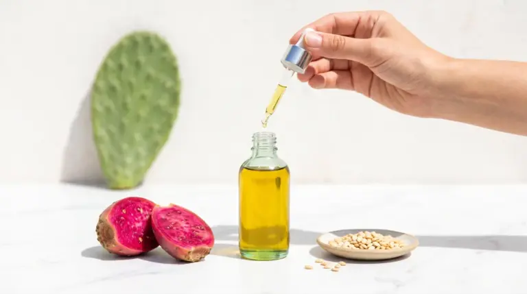 huile de figue de barbarie cosmetique carmel | Carmel Cosmetics Labs Huile de figue de barbarie versée dans un flacon compte-gouttes, figues de barbarie ouvertes et pépins