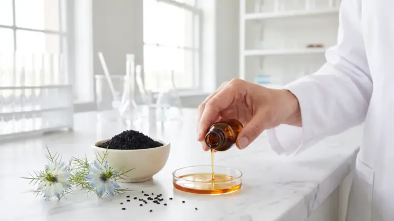 Huile de nigelle dans un flacon ambré, graines noires et fleurs de nigelle