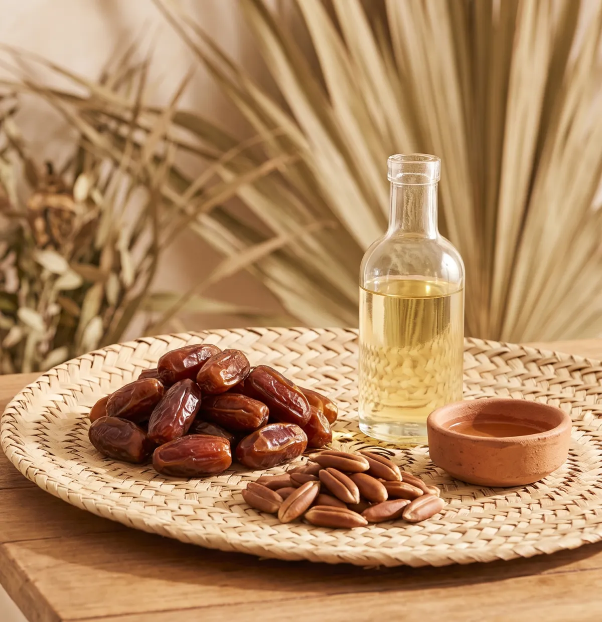 huile de noyaux de datte ingredient cosmetique carmel | Carmel Cosmetics Labs Dattes et noyaux à côté d'un flacon d'huile de noyau de datte dorée sur un plateau en palmier