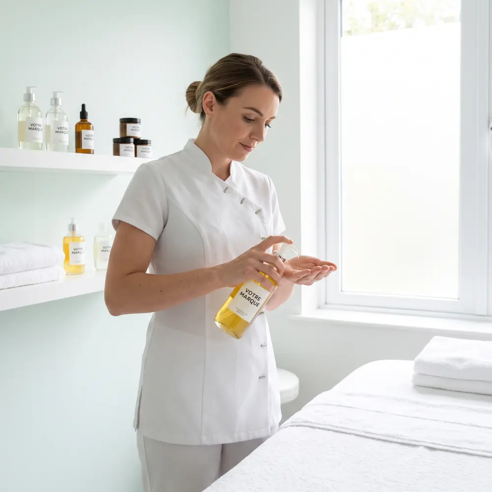 Spa therapist pouring a massage oil labeled YOUR BRAND