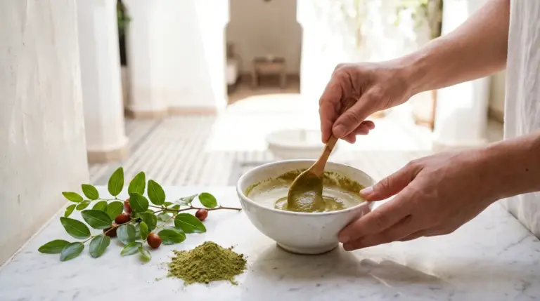 Poudre de sidr verte et pâte dans un bol en céramique, branche de jujubier et mains qui mélangent