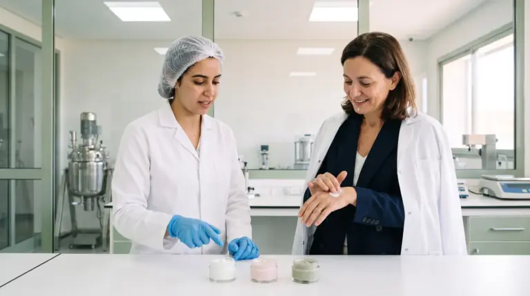 Formulatrice présentant trois textures de crème à une cliente dans un laboratoire cosmétique