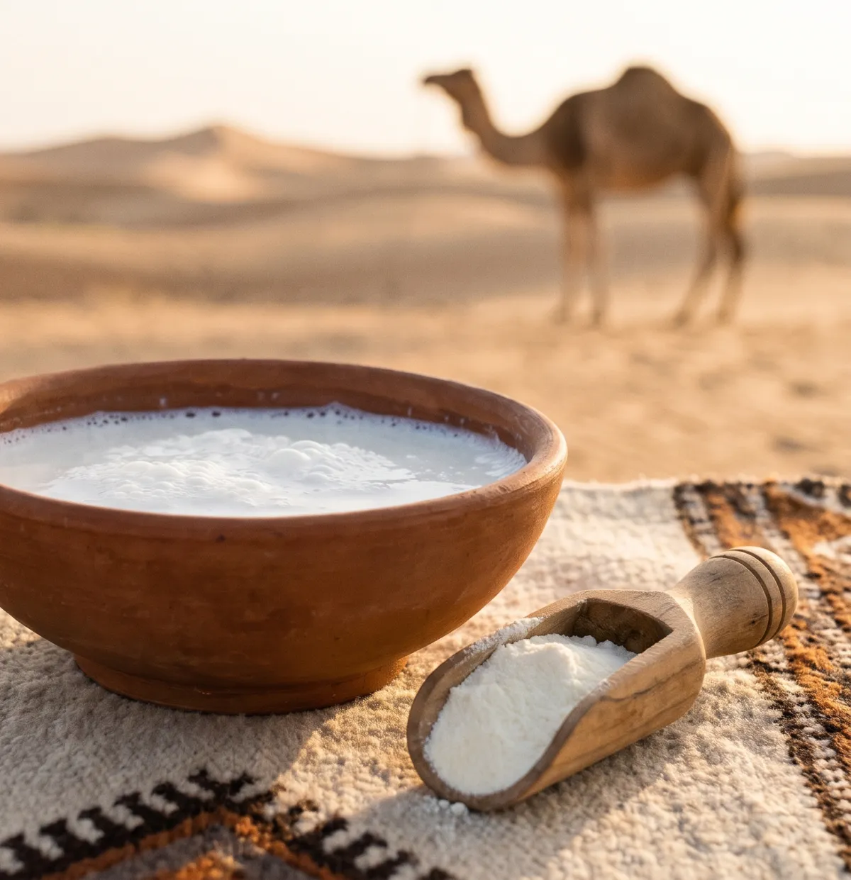 Lait de chamelle dans un bol en terre cuite sur un tapis saharien, dunes au lever du jour