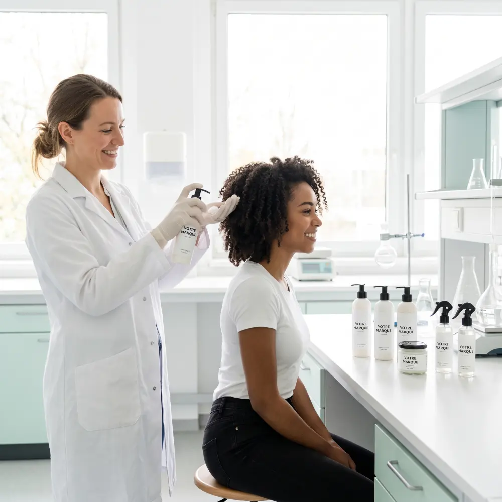 Formulatrice appliquant une crème coiffante VOTRE MARQUE sur des cheveux bouclés au laboratoire
