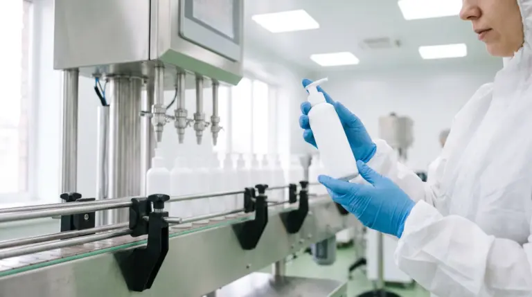 Opératrice contrôlant un flacon pompe sur une ligne de remplissage cosmétique