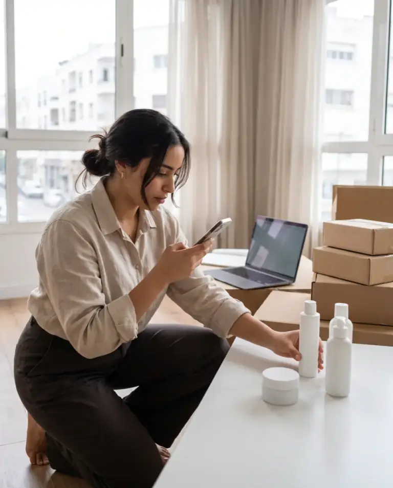 Founder of a Casablanca e-commerce brand photographing her own-brand skincare bottles
