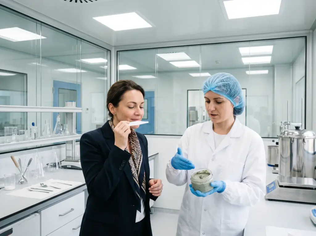 Esthéticienne conseillant à une cliente un soin de revente à la marque de son institut de beauté