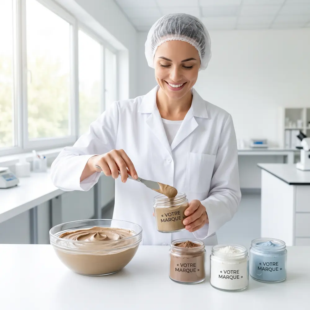 Technicienne remplissant un pot de masque visage à l'argile en marque blanche étiqueté Votre marque